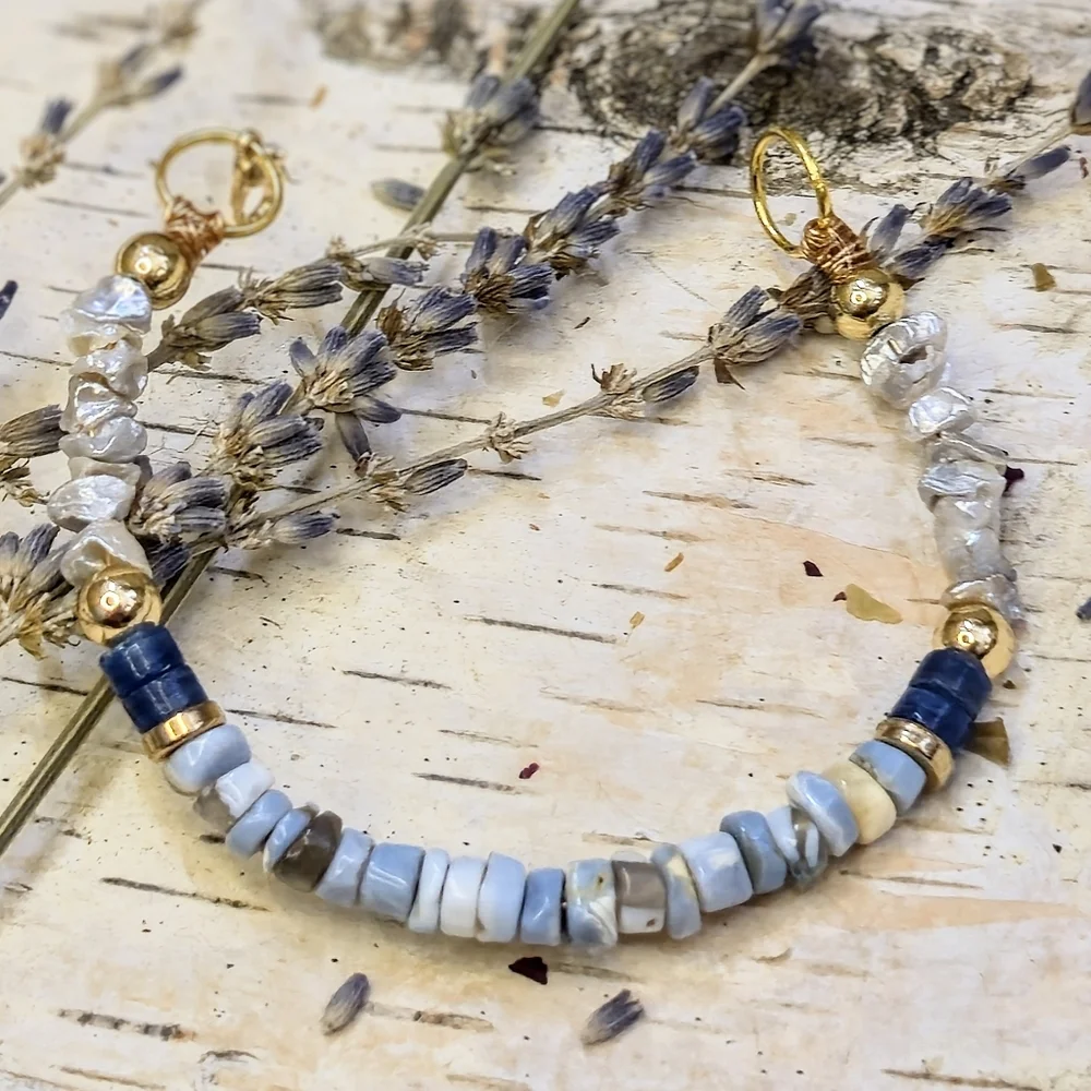 Nature's Blue Opal & Kyanite W/ Keshi Pearls In Statement Gold Plated Bracelet